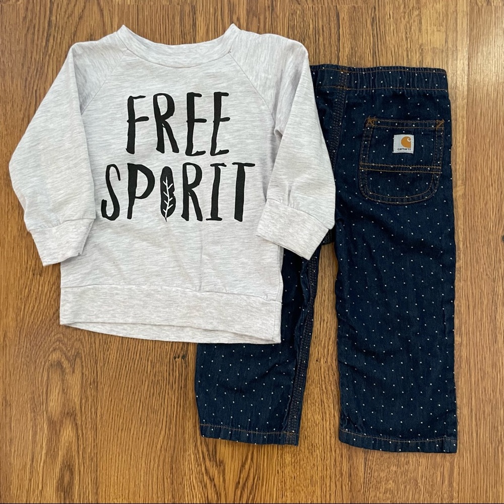Carhartt Jeans and Emily and Oliver Free Spirit shirt - Cute Outfit - 12 Month